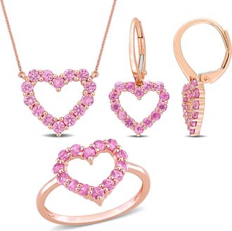 Mimi & Max 3 1/5ct TGW Pink Sapphire Jewelry Set Heart Necklace Earrings Ring 10k Rose Gold