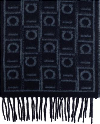 Ferragamo Sjaal met monogram - Heren - Wintersjaals - Blauw - ONE Size - Wol - Accessoires