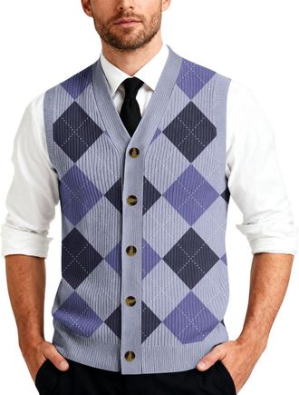 Generic Button Up Mens Cardigan Sweater Vest V Neck Men Sleeveless For Vests Casual Down Knit Pattern Light Purple M