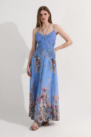 Karen Millen Womens Floral Applique Lace Pleated Strappy Maxi Dress - Size 6 UK