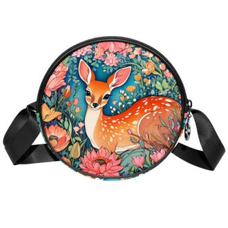 Generic Circle Crossbody Bag for Women, Color Drawing Deer Small Sling Bag Daypack with Zipper Adjustable Shoulder Straps Casual Ladies Girls Round Purse