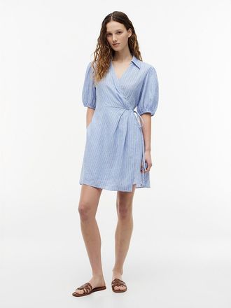 Tommy Hilfiger Womens Striped Linen Mini Wrap Dress - Blue Khaki Stripe - 10