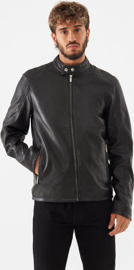 Mens Real Leather Arthur Racer Jacket - Black - Size Medium