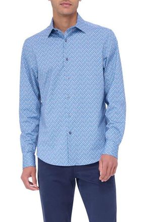 Bugatchi Jimmy OoohCotton Abstract Print Button-Up Shirt in Dusty Blue at Nordstrom, Size Xxx-Large