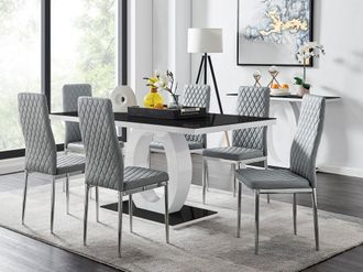 Furniturebox Giovani Rectangular 6 Seat White High Gloss Unique Halo Dining Table Black Glass Top 6 Faux Leather Silver Leg Milan Chairs in Grey
