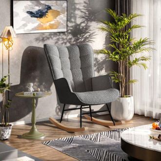 OEM Sill&oacute;n Mecedora Escandinavo 1 Plaza - Terciopelo Teddy Gris Oscuro, Madera Maciza Y Marco De Metal
