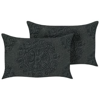 Beliani Conjunto De 2 Cojines De Algod&oacute;n Gris Oscuro 30 X 50 Cm Mandala Oriental Veloor