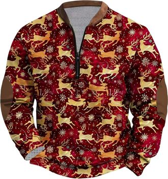 Generic Christmas Jumpers for Men 1/4 Zip Ugly Christmas Sweatshirt Pullover Mens Long Sleeve Crew Neck Funny Printed Xmas Jumper Warm Cosy Xmas Sweatshirts T