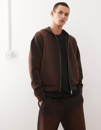 Weekday Felpa con cappuccio in tessuto effetto scuba lavaggio marrone con chiusura con zip in coordinato