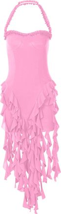 Generic Women Sleeveless Ruched Double High Split Gown Sexy Strapless Ruffle Dress Jellyfish Lace Irregular Bodycon Frock (Pink 3,XL)