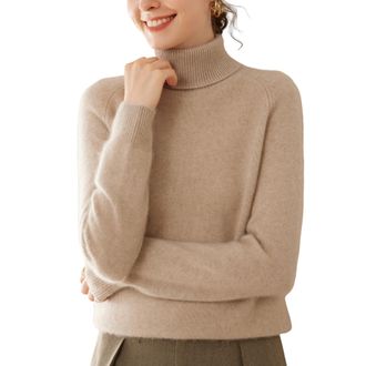 Dissa Women Cashmere Jumper Light Camel Roll Neck Knitted Jumper Long Sleeve Relaxed Cashmere&Wool Thick Plain Ladies Sweater,UK 12,MH560