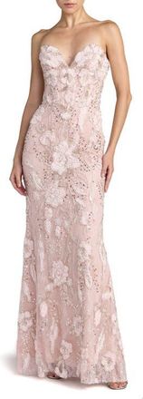 Mac Duggal Floral Beaded Mesh Strapless Column Gown in Porcelain at Nordstrom, Size 6