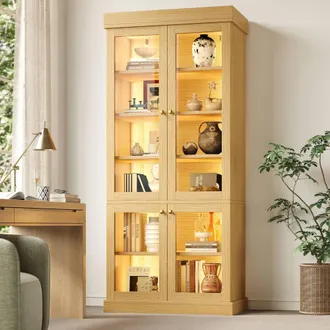 Merax Modern Tall Glass Display Cabinet with Multicolour LED Lighting in Natural