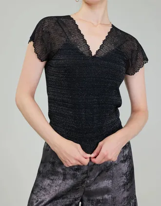 Current Air Shimmer Lace Top In Black Silver