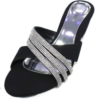 Wear & Walk UK W & W-Evie- Womens Diamante Slip On Low Wedge Heel Dressy Holiday Party Evening Shoes Sandals(3 to 9) (Black,Silver,Gold) (7, Black)