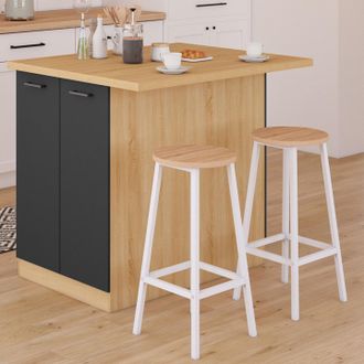 IDMarket Isla Central Ivo 120 Cm En Madera Efecto Haya Con Puertas Y Encimera Negras