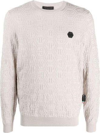 Philipp Plein logo-jacquard pullover - men - Silk/Wool - XXXL - Neutrals