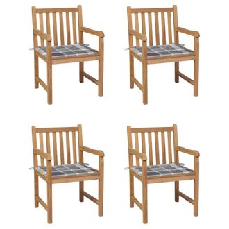 vidaXL Sillas De Jard&iacute;n 4 Uds Madera Maciza Teca Cojines Cuadros Gris Vidaxl