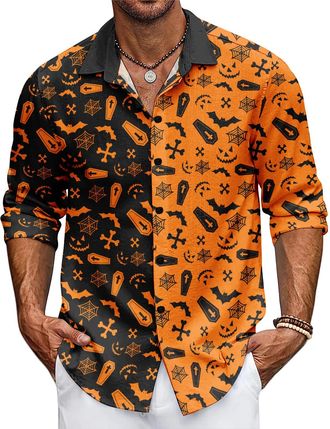 Generic Halloween Mens Long Sleeve V-Neck Shirt - Pumpkin Autumn Winter Casual Button T-Shirt (UK, Alpha, 4XL, Regular, Regular, 12)