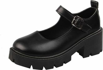 Generic Womens Chunky Platform Mary Janes Shoes Buckle Strap Round Toe Flats Flat Mouth Japanese Sweet Lolita Princess Shoes Black Platform Gothic Retro Shoes