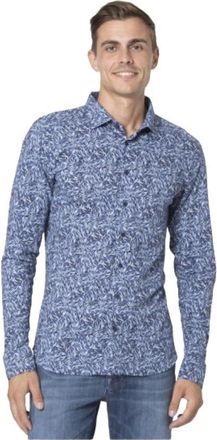 DeSoto Blauw overhemd met bladmotief - Heren - Casual Overhemden - Blauw - 2XL - Katoen - Overhemden