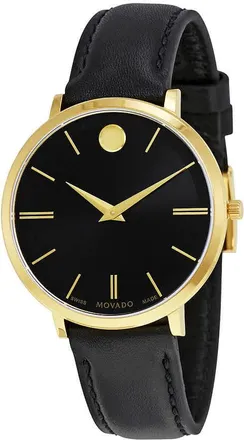 Movado Ultra Slim Black Sunray Dial Black Leather Ladies Watch 0607091