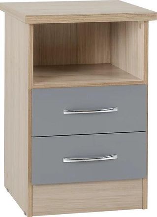 Seconique NEVADA 2 DRAWER BEDSIDE - GREY GLOSS/LIGHT OAK EFFECT VENEER - SECONIQUE | TJ Hughes