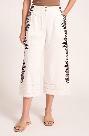 Matty M Ireni Embroidery Detail Crop Wide Leg Cotton Pants in White/Chocolate at Nordstrom, Size X-Small