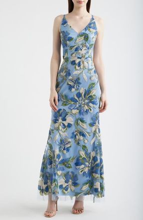 Eliza J Sequin Floral Mermaid Gown in Blue Multi at Nordstrom, Size 12
