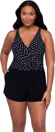Trimshaper Kim Surplice Control Swim Romper with Pockets in Confetti Dot at Nordstrom, Size 12
