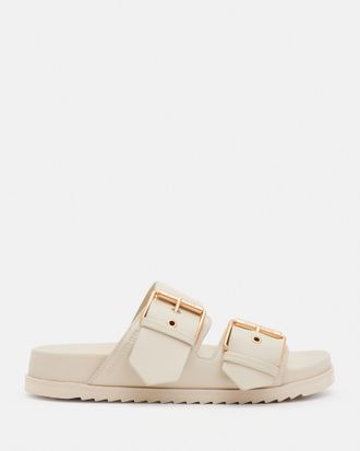 AllSaints Womens Leather Sian Slip on Buckle Detail Sandals, White, Size: US 11