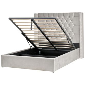 Beliani Cama Con Almacenaje De Terciopelo Gris Claro Plateado 140 X 200 Cm Cabecero Lubbon
