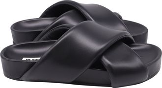 Jil Sander Padded Cross Strap Slide Sandals in Black Leather
