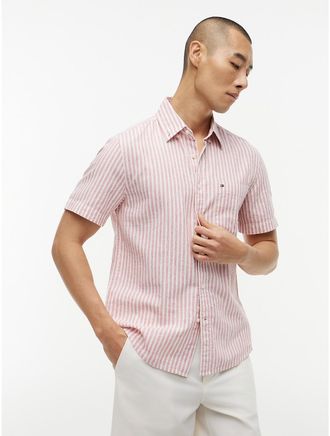 Tommy Hilfiger Mens Regular Fit Striped Linen-Blend Shirt - Pink - XXXL