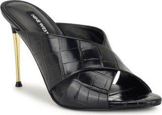 Nine West Sancie Croc Embossed Stiletto Sandal in Black at Nordstrom, Size 10.5
