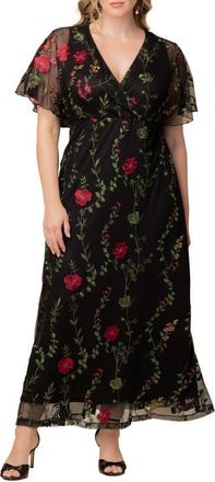 Kiyonna Embroidered Elegance Floral Gown in Black/Red Floral at Nordstrom, Size 4X