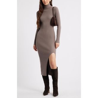 Open Edit Rib Long Sleeve Turtleneck Sweater Dress in Tan Dusk at Nordstrom Rack, Size Xx-Small
