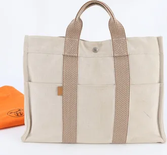 Herm&egrave;s Beige Leather Canvas Shoulder Bag Tote Bag (Pre-Owned)