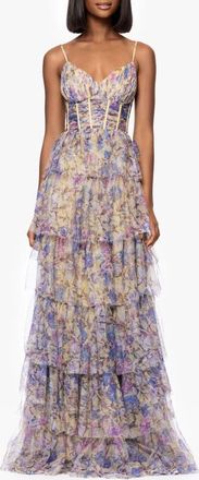 Blondie Nites Floral Print Tiered Ruffle Gown in Yellow Multi at Nordstrom, Size 3