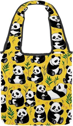 Generic Cute Panda on Yellow Reversible Canvas Shoulder Tote - Double-Sided Print, 12oz Cotton, 27cm Drop, Fold-Flat Bag for Travel, Shopping, Street Outings