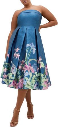 City Chic Tiffany Bloom Strapless Fit & Flare Dress in Sea Art at Nordstrom, Size Xxxs