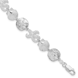 Diamond2Deal Sterling Silver Rhod-plated Polished Starfish,Shell,Sand Dollar Bracelet 7.25