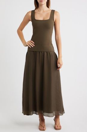 Moon River Square Neck Sleeveless Midi Dress in Olive at Nordstrom, Size X-Large