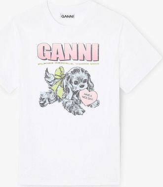 Ganni White Puppy T-shirt - Size M Organic Cotton