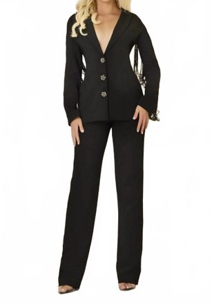 Jovani Beaded Fringe Long Sleeves Pantsuit In Black