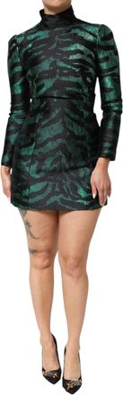 Dolce & Gabbana Womens Black Green Metallic Jacquard Mini Long Dress Polyester