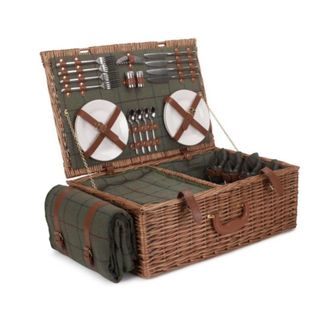 Red Hamper Wicker 4 Person Green Tweed Fitted Picnic Basket