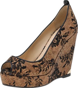 Jimmy Choo London Beige/black Lace And Cork Pacific Platform Peep Toe Pumps