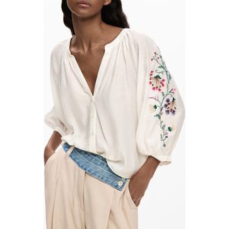 Desigual Embroidered Sleeve Top in White at Nordstrom, Size X-Small