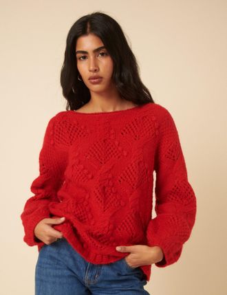 Nobody's Child Red Slash Neck Bobble Stitch Oversized Jumper